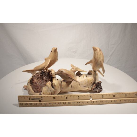 Hand Carved Dolphins Figures on Driftwood Art Beach Coastal Cabin Decor - Picture 7 of 12